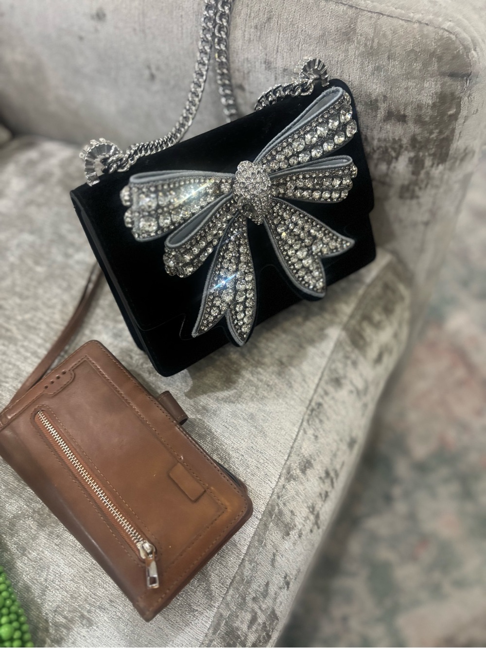 Kurt Geiger Black Velvet Crossbody with Crystal Bow